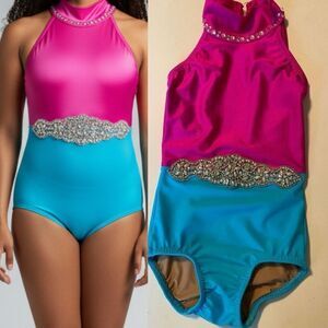 Custom rhinestoned dance costume hot pink Aqua blue leotard child S